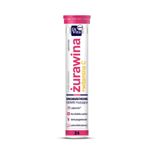 Brausetabletten Cranberry mit Vitamin C von DrVita, 24 Stück, zeigt die Packung mit roten Cranberries und Vitamin C-Zutaten