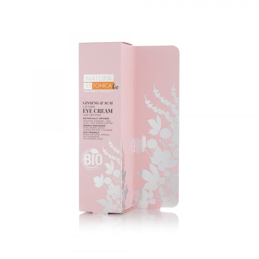 EUROBIO LAB Ginseng & Acai Anti-Falten Augencreme in 20 ml, Nahaufnahme der Creme in einem Tiegel mit frischen Ginseng- und Acai-Beeren