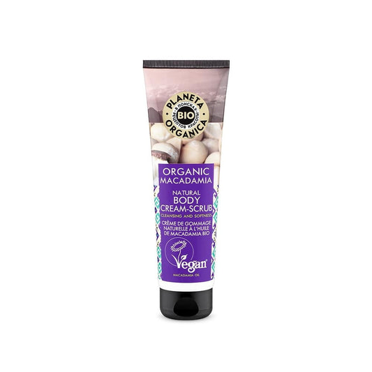 Bio-Macadamia-Körperpeeling von EUROBIO LAB in 140 ml, zeigt die cremige Textur und natürliche Inhaltsstoffe des Hautpflegeprodukts.