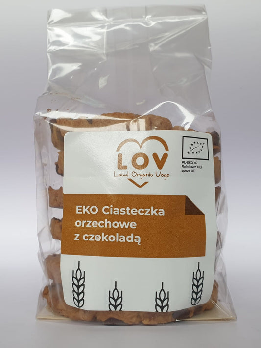 Erdnussplätzchen mit Schokolade von Local Organic Vege, 240g, Bio-vegetarische Kekse auf einem Teller.