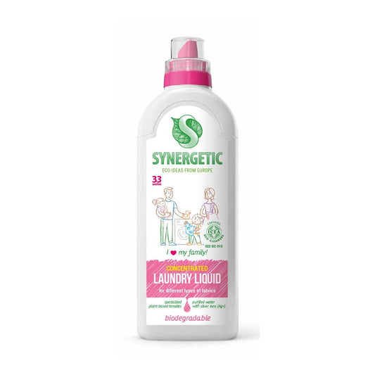 Biologisches, umweltfreundliches Waschgelkonzentrat von Synergetic, 1 Liter Flasche für nachhaltige Reinigung.