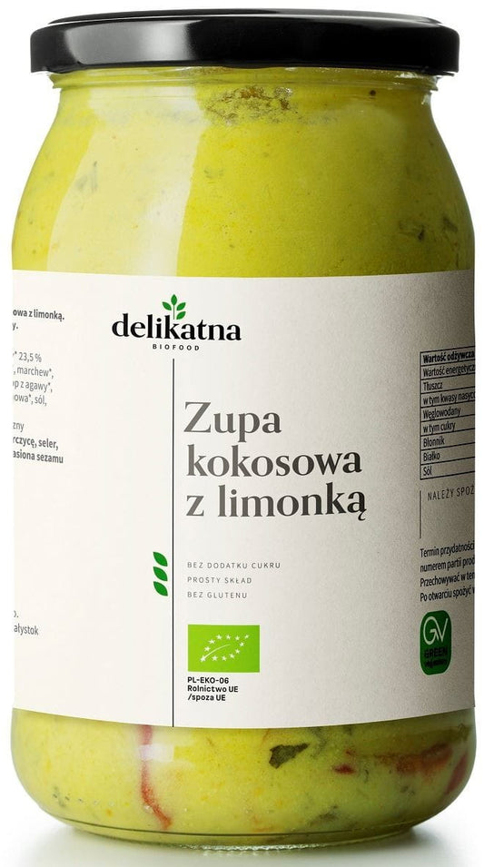 Bio Kokossuppe mit Limettenblättern in 900 ml Delikatna, cremige Suppe mit exotischen Aromen und frischen Limettenblättern.
