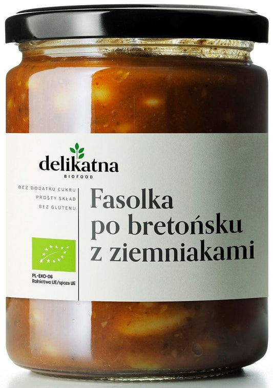 Bio gebackene Bohnen mit Kartoffeln in 540 ml Dose, DELIKATNA, cremige und natürliche Mahlzeit, sichtbar in der Dose.