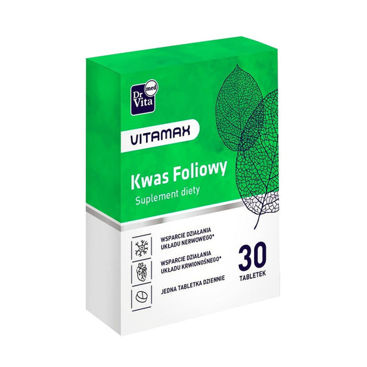 Folsäure Tabletten von DrVita, 30 Stück, in einer offenen Packung mit Tabletten auf einem weißen Hintergrund.