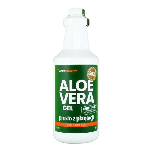 Aloe Vera Gel 99,7 % von MORE VITALITY in 940 ml Flasche, frisches Gel mit pflegenden Eigenschaften, sichtbar in der Flasche