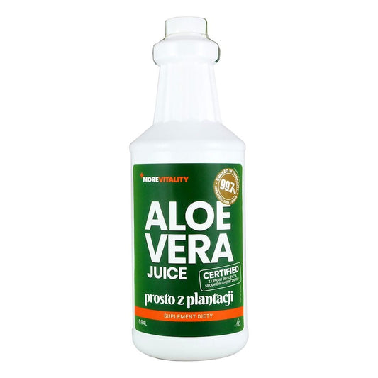 Aloe Vera Saft 99,7% von MORE VITALITY in einer 940 ml Flasche, zeigt die Flasche und das Etikett.