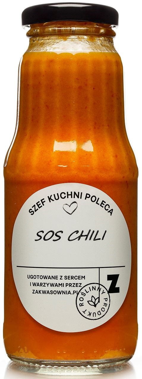 Bio scharfe Chili-Pfeffer-Sauce von Zakwasonia in 300 ml Flasche, mit roten Chilischoten und würziger Konsistenz.