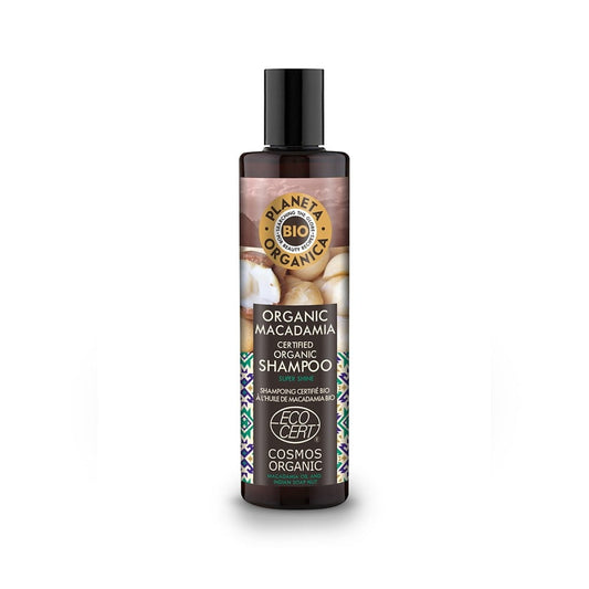 Bio-Macadamia-Shampoo von EUROBIO LAB in 280 ml Flasche, zeigt die Verpackung mit Macadamia-Öl für gepflegtes Haar