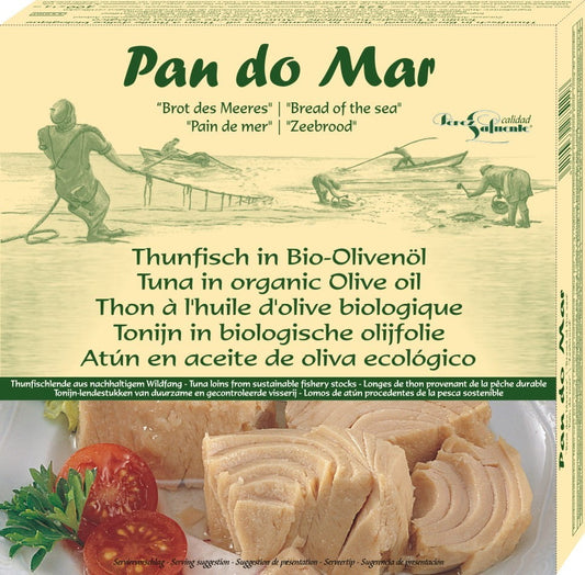 Dosen mit Bonito-Thunfisch in BIO-Olivenöl extra vergine, 525 g, von BIOPLANET, auf weißem Hintergrund.