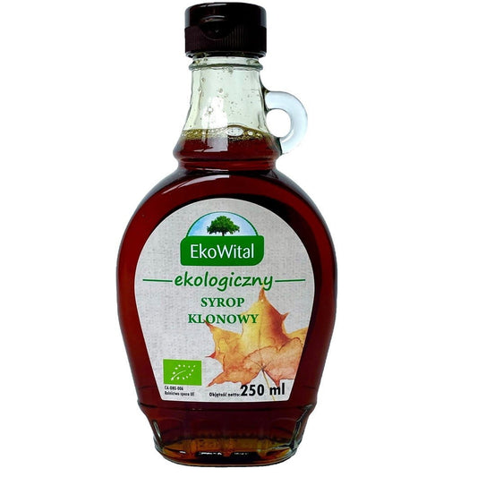 Bio-Ahornsirup von EKOWITAL in 250 ml Flasche, goldene Farbe, flüssige Textur, ideal für Frühstück und Süßspeisen.