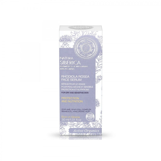 Gesichtsserum mit Bergrosenduft in 30 ml Flasche von EUROBIO LAB, Nahaufnahme der Flasche und Textur des Serums