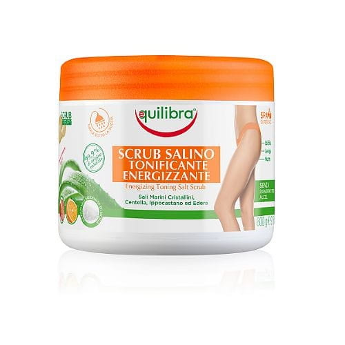 Energetisierendes Salzpeeling von EQUILIBRA in 600 g Verpackung, zeigt das Produkt mit Salz und natürlichen Inhaltsstoffen