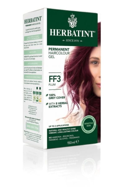 Gelfarbe FF3 Pflaume von HERBATINT in 150 ml Flasche, cremige Textur und kräftige lila Farbe für Haarfärbung.