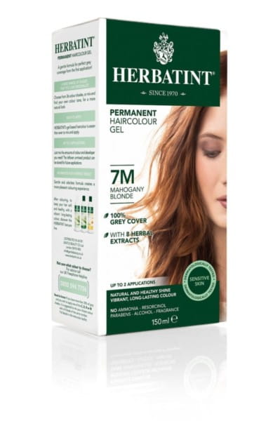 Haarfarbe 7M Mahagoniblond von HERBATINT, 150 ml Flasche, zeigt die cremige Textur und den Farbton in der Verpackung.