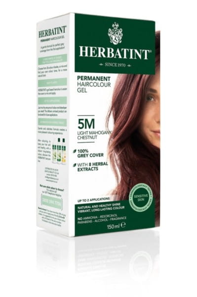 Helle Mahagonifarbe 5m für Haare, HERBATINT, 150 ml Flasche, zeigt die natürliche Farbnuance und Verpackung.