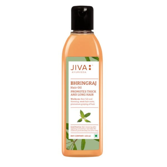 Bhringraj Haaröl von JIVA AYURVEDA in 120 ml Flasche, glänzendes Haar und natürliche Pflege, sichtbarer Inhalt in der Flasche