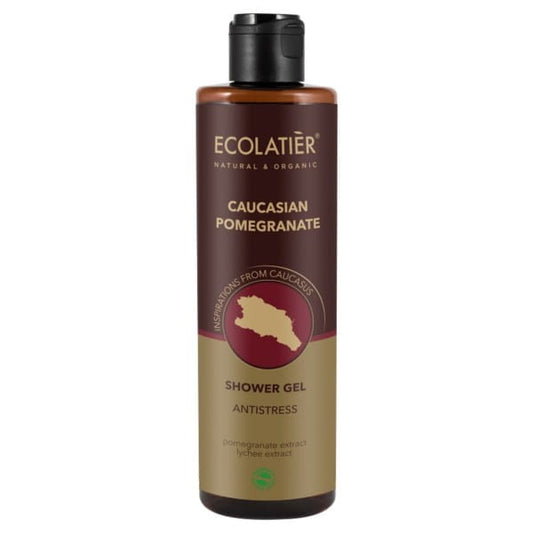 Anti-Stress-Duschgel von ECOLATIER in 250 ml Flasche, cremige Textur und beruhigender Duft für entspannende Duscherlebnisse.