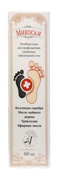 Mikosan 100 ml von ukrainischer Kosmetik, Flasche mit weißem Inhalt und silberner Verschluss, auf weißem Hintergrund.