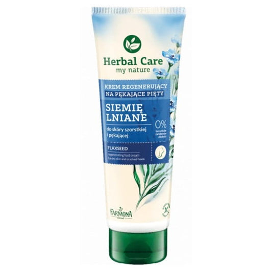 HERBAL CARE Leinsamencreme von Farmona für rissige Fersen, cremige Textur, Anwendung und pflegende Wirkung sichtbar.