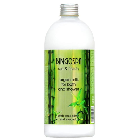 Argan-Bademilch von BINGO SPA in 500 ml Flasche, cremige Pflege mit Arganöl und Bademilch für die Haut.