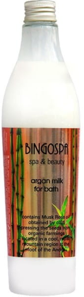 Argan-Bademilch mit Rose von BINGO SPA, cremige Körperpflege mit pflegenden Inhaltsstoffen, in weißer Flasche mit Rosen-Dekor