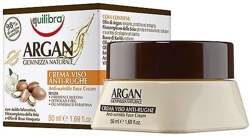 Argan-Anti-Falten-Gesichtscreme von EQUILIBRA in einer Tubenverpackung, zeigt die cremige Textur der Pflegecreme.
