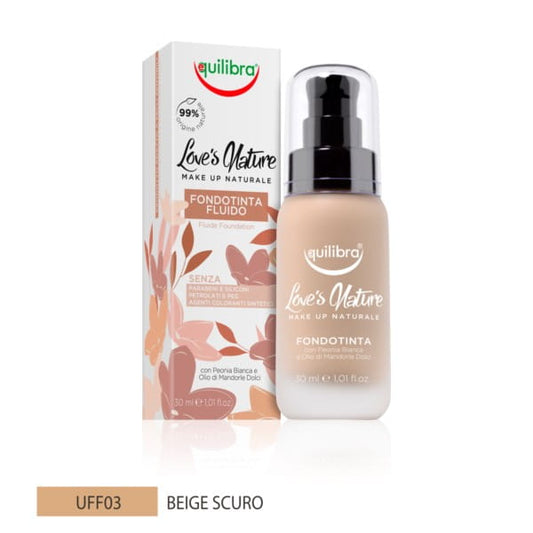 Flüssige Beigefarbe Foundation von EQUILIBRA, 30 ml, in einer Tubenverpackung, zeigt die cremige Textur und den Farbton.