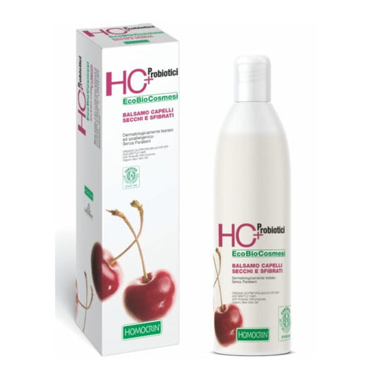 Conditioner für trockenes und geschädigtes Haar von SPECCHIASOL mit Probiotika, zeigt cremige Textur und Anwendung auf Haar.
