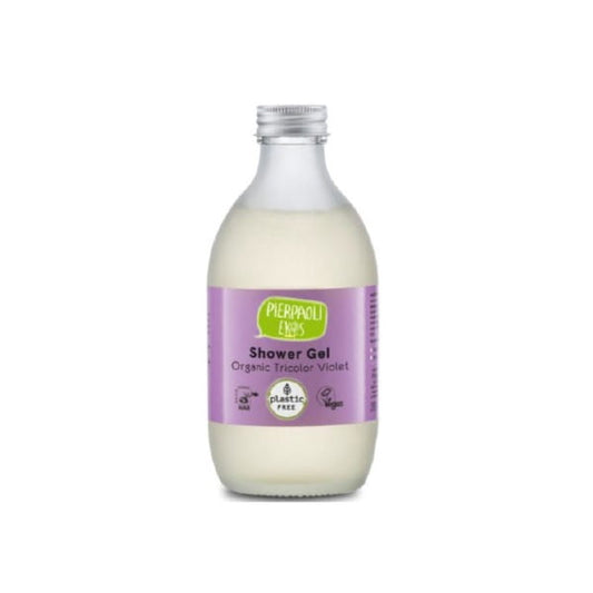 Violettfarbenes Duschgel von PIERPAOLI EKOS, 280 ml Flasche mit trikolorigem Design, zeigt die Flasche vor einem weißen Hintergrund