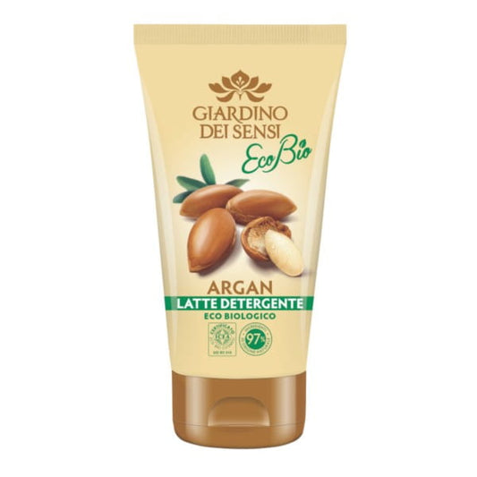 Argan-Reinigungsmilch EKO von GIARDINO DEI SENSI, flasche mit weißem Etikett und Arganöl, für sanfte Gesichtspflege