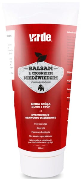 Balsam mit Bärlauch von VIRDE in 200ml Flasche, cremige Textur und grüner Bärlauch im Design auf der Verpackung