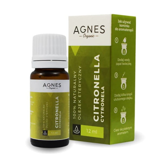 Ätherisches Zitronella-Öl von AGNES ORGANIC, 12 ml Flasche mit Frucht- und Kräuterduft, in dunkler Glasflasche.