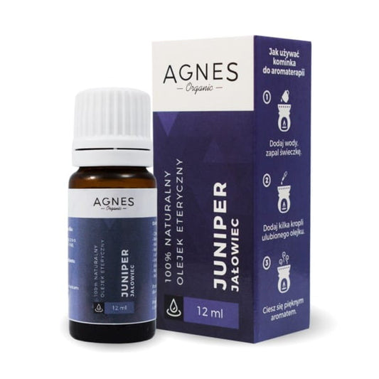 Ätherisches Wacholderöl von biogo in 12 ml Flasche, zeigt die klare Flüssigkeit und das Etikett mit Produktinformationen.