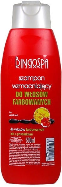 BINGO SPA BINGOSPA stärkendes Shampoo für coloriertes Haar in einer Flasche, zeigt die Produktverpackung auf weißem Hintergrund