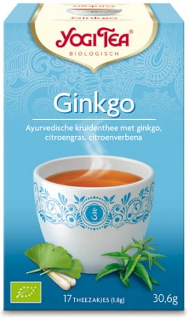 Bio Ginkgo Tee von YOGI TEA, 17x18g, mit frischen Ginkgo-Blättern in einer Teedose, ideal für entspannenden Ginkgo-Yoga-Tee.