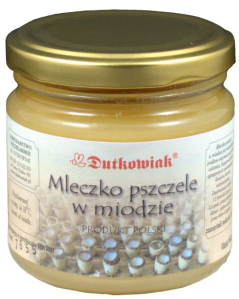 DUTKOWIAK Gelée Royale in Honig, 250g, in einer Glasdose mit Honig und Gelée Royale Schichten sichtbar.
