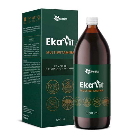 Ekavit Multivitamin Flasche von EKAMEDICA, 1000ml, Vitaminpräparat mit bunten Fruchtsaft-Details im Bild