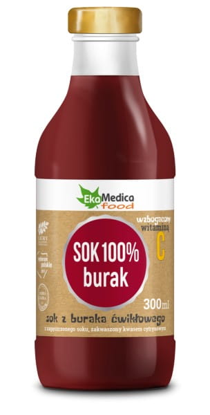 100% Rote-Bete-Saft von EKAMEDICA in 300 ml Flasche, frisch und naturbelassen, zeigt die leuchtend rote Farbe.