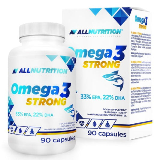 Omega-3 Kapseln von ALLNUTRITION, 90 Stück, glänzende gelbe Kapseln in einer transparenten Flasche auf weißem Hintergrund