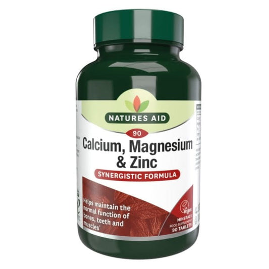 Natures Aid Calcium, Magnesium, Zink Tabletten, 90 Stück, Nahrungsergänzungsmittel mit Mineralstoffen, Nahaufnahme der Verpackung