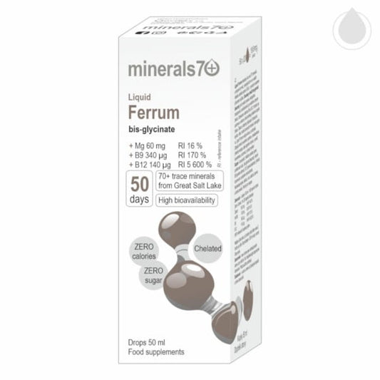 Flüssige Ferrum-Eisen-Tropfen von MINERALS7+ in 50 ml Flasche, mineralische Nahrungsergänzung für mehr Eisen.