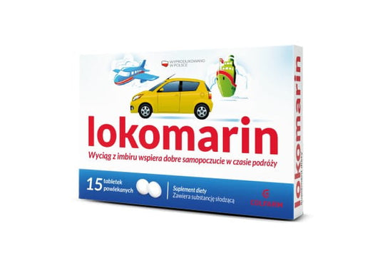 Lokomarin 15 Tabletten mit Ingwerextrakt von COLFARM, natürliche Nahrungsergänzung gegen Übelkeit und Magenbeschwerden.