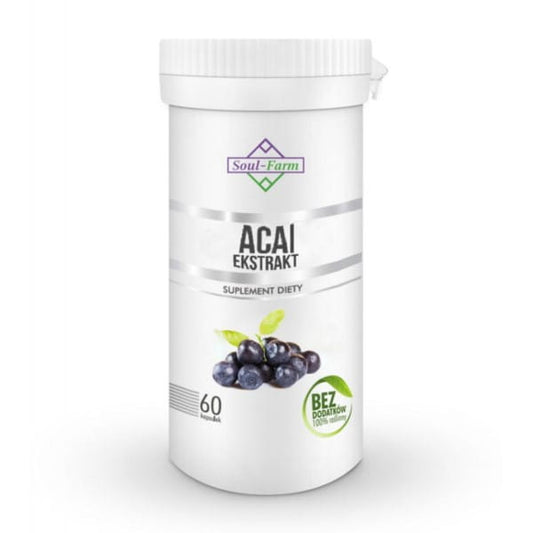 Acai-Extrakt von SOUL FARM in einer Flasche, hochwertige Nahrungsergänzung, dunkle Flüssigkeit in Packung sichtbar