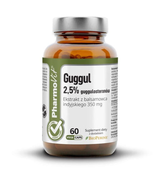Guggul 25% Clean Label von PHARMOVIT, Kapseln mit Guggulsteronen, Nahaufnahme der Produktverpackung.