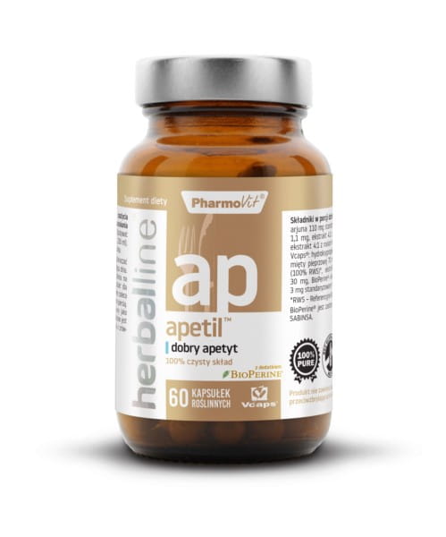 PHARMOVIT Apetil Herbline 60 Kapseln zur Appetitanregung, zeigt die Kapseln in einer Packung.