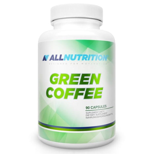 Grüner Kaffee Kapseln von ALLNUTRITION, 90 Stück, natürliche Ergänzung für die Gewichtsunterstützung, in einer offenen Packung.