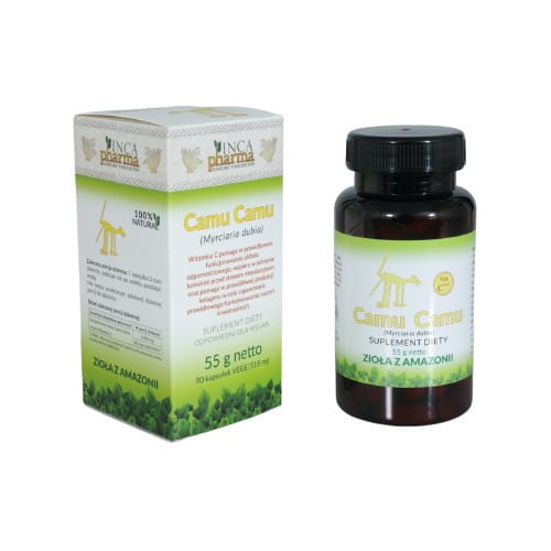 Camu Camu Kapseln von INCAphARMA, 90 Stück, vitaminreiche Nahrungsergänzung in schwarzen Kapseln auf weißem Hintergrund.