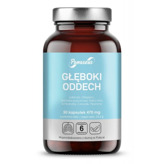 Panaseus Deep Breathing 50 Kapseln, Nahrungsergänzungsmittel für das Atmungssystem, zeigt die Kapseln in einer Verpackung.