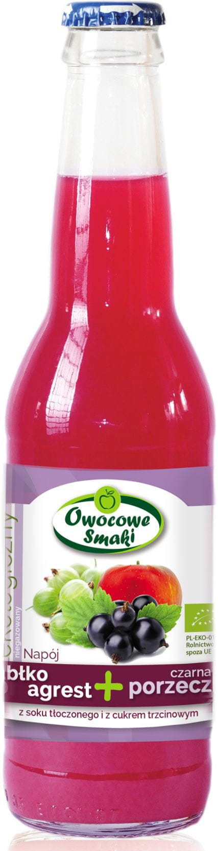 Bio Getränk mit Apfelstachelbeere, schwarze Johannisbeere, 330 ml, von OWOCOWE SMAKI, Flasche mit Fruchtmischung.