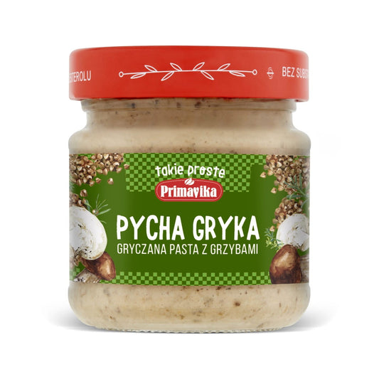 Glutenfreie Buchweizenpaste mit Pilzen von PRIMAVIKA, cremige Textur, 160 g, in einem Glas mit Pilzstücken.